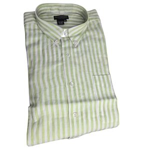 J. Peterman Men Green Stripe Button Down Linen Long Sleeve Shirt Sz XL Casual